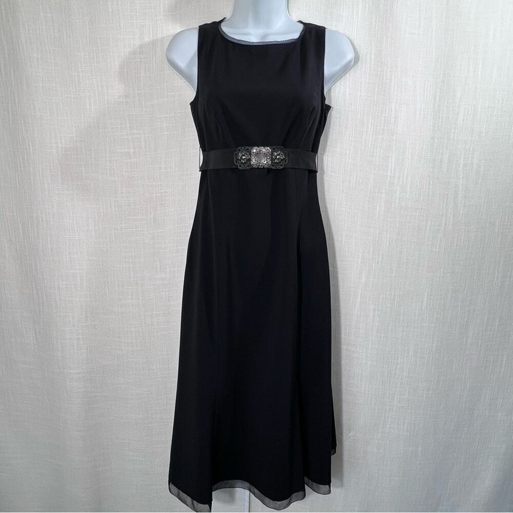 Elie Tahari Black Wool Blend A-Line Dress Size 0 Filigree Belt Sleeveless - Picture 2 of 14